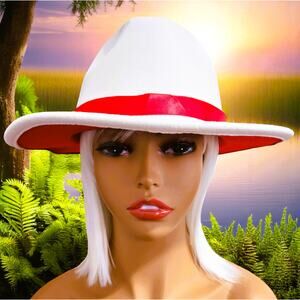 Fedora Hat White Outside Red Inside design with Red Ribbon and Brooch